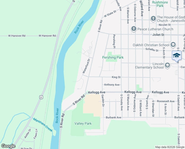 map of restaurants, bars, coffee shops, grocery stores, and more near 1837 South River Road in Janesville