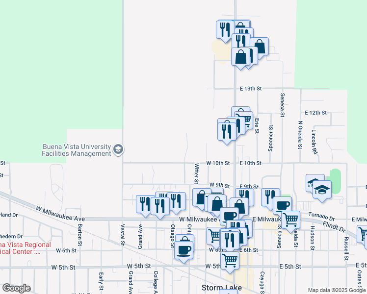 map of restaurants, bars, coffee shops, grocery stores, and more near 1250 Lake Avenue North in Storm Lake
