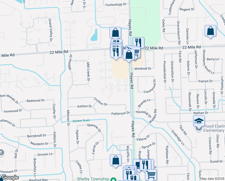 map of restaurants, bars, coffee shops, grocery stores, and more near 14792 Madison Court in Shelby Township