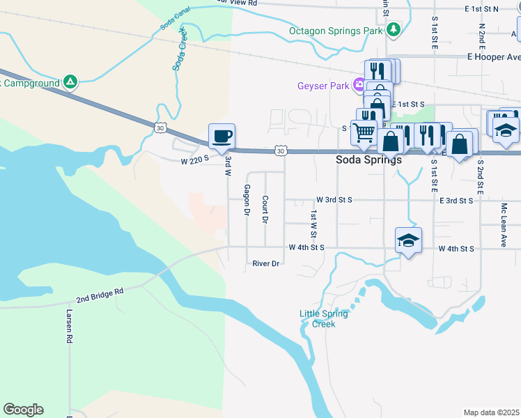 map of restaurants, bars, coffee shops, grocery stores, and more near 310 Court Street in Soda Springs