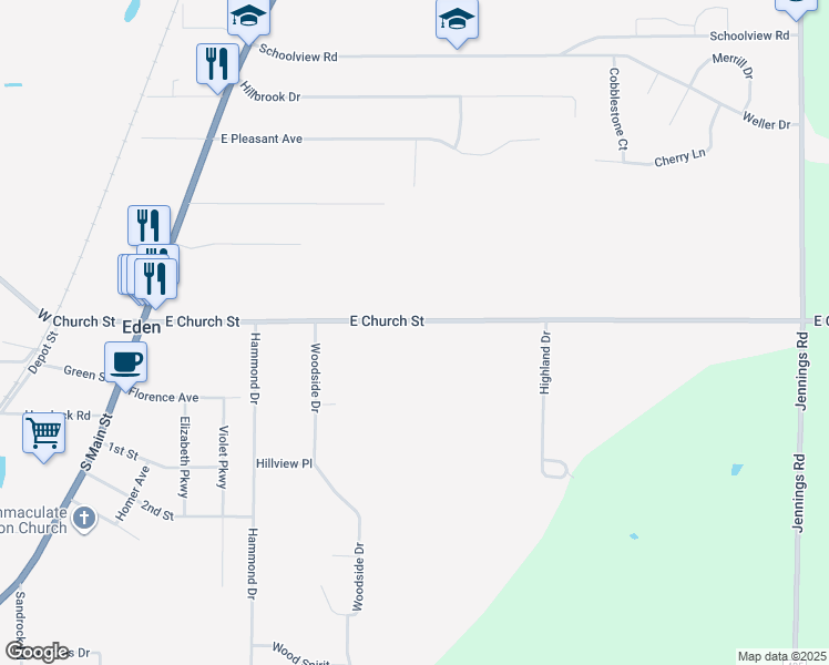 map of restaurants, bars, coffee shops, grocery stores, and more near 2950 East Church Street in Eden