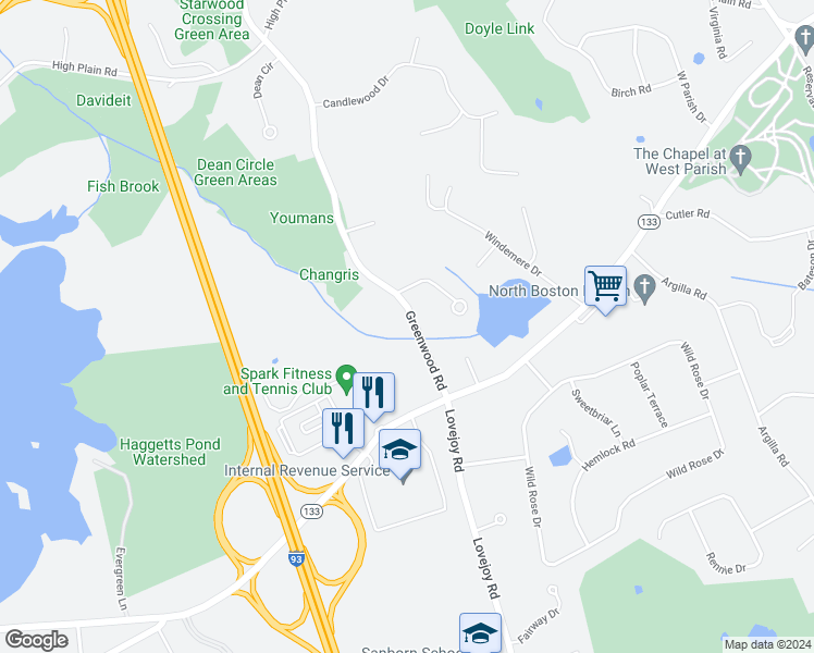 map of restaurants, bars, coffee shops, grocery stores, and more near 22 Greenwood Road in Andover