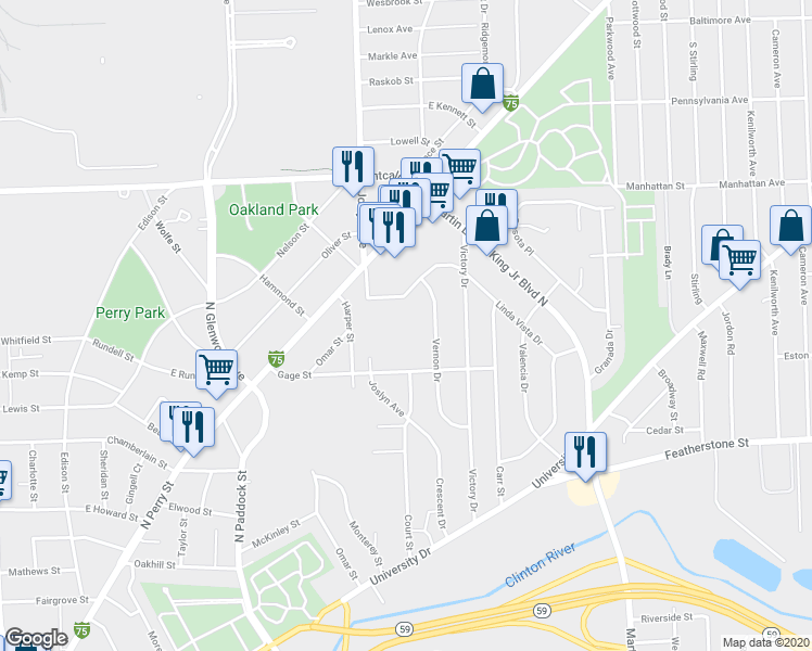 map of restaurants, bars, coffee shops, grocery stores, and more near 729 Linda Vista Drive in Pontiac