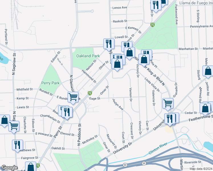 map of restaurants, bars, coffee shops, grocery stores, and more near 507 Harper Street in Pontiac