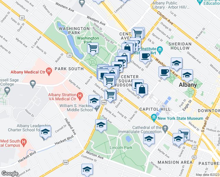map of restaurants, bars, coffee shops, grocery stores, and more near 4 Delaware Avenue in Albany