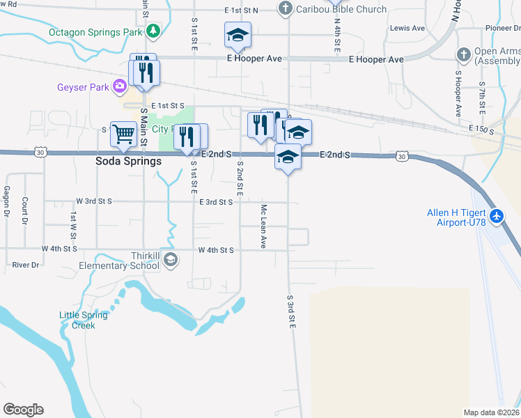 map of restaurants, bars, coffee shops, grocery stores, and more near 240 East 3rd Street South in Soda Springs