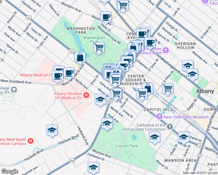 map of restaurants, bars, coffee shops, grocery stores, and more near 3 Dana Avenue in Albany