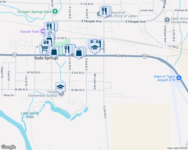 map of restaurants, bars, coffee shops, grocery stores, and more near 240 East 3rd Street South in Soda Springs