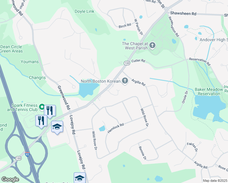 map of restaurants, bars, coffee shops, grocery stores, and more near 254 Lowell Street in Andover