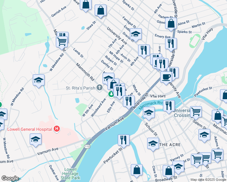 map of restaurants, bars, coffee shops, grocery stores, and more near 23 4th Avenue in Lowell