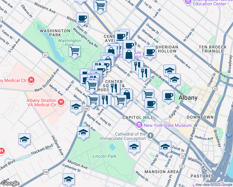 map of restaurants, bars, coffee shops, grocery stores, and more near in Albany