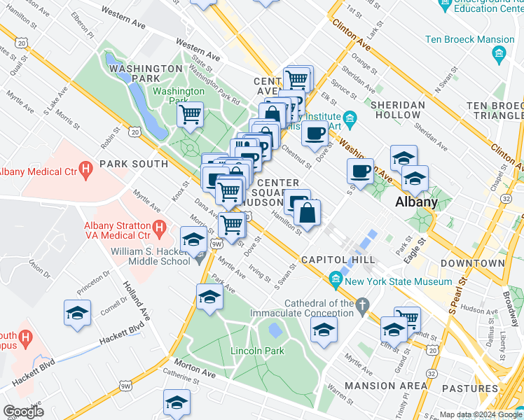 map of restaurants, bars, coffee shops, grocery stores, and more near 107 Dove Street in Albany