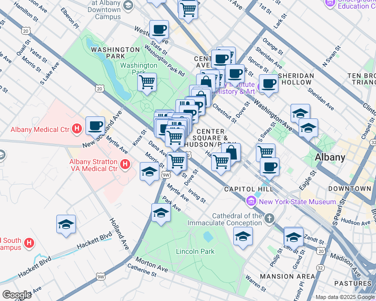 map of restaurants, bars, coffee shops, grocery stores, and more near 12 Delaware Avenue in Albany