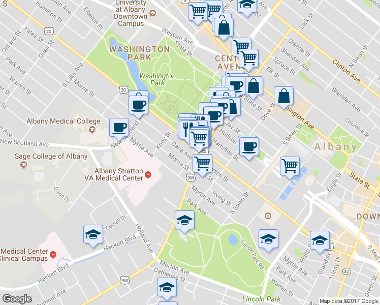 map of restaurants, bars, coffee shops, grocery stores, and more near 448 Madison Avenue in Albany