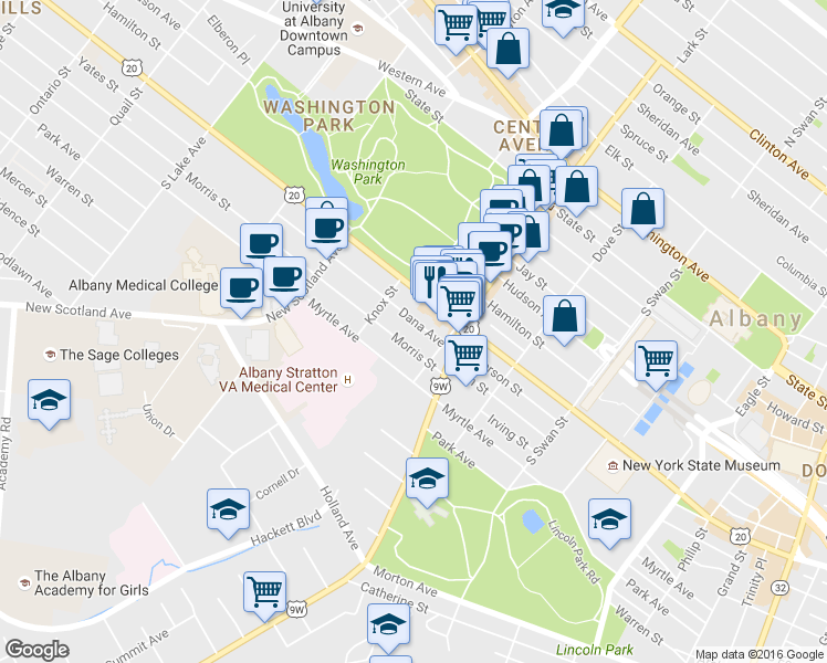 map of restaurants, bars, coffee shops, grocery stores, and more near 36 Dana Avenue in Albany