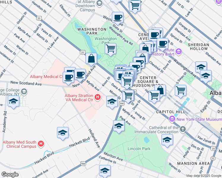 map of restaurants, bars, coffee shops, grocery stores, and more near 36 Dana Avenue in Albany