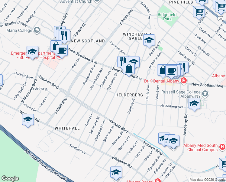 map of restaurants, bars, coffee shops, grocery stores, and more near 53 Hollywood Avenue in Albany