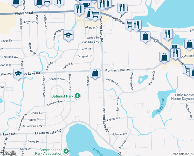 map of restaurants, bars, coffee shops, grocery stores, and more near 5030 Saybrook Court in Waterford Township