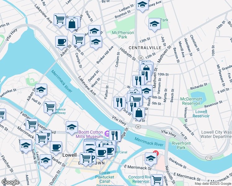 map of restaurants, bars, coffee shops, grocery stores, and more near 66 Coburn Street in Lowell