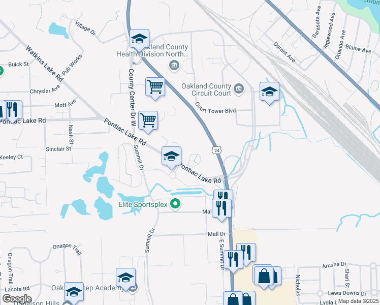 map of restaurants, bars, coffee shops, grocery stores, and more near 2100 Pontiac Lake Road in Oakland County