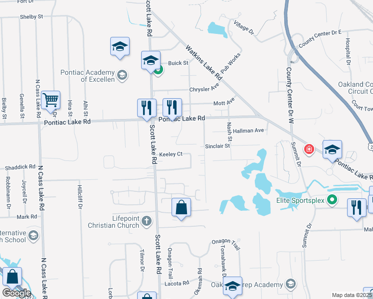 map of restaurants, bars, coffee shops, grocery stores, and more near 2800 Keeley Court in Waterford Township
