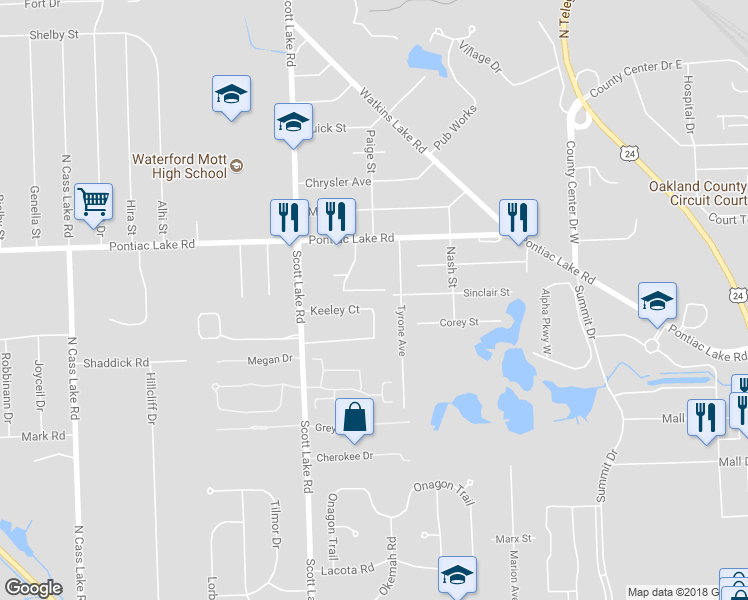 map of restaurants, bars, coffee shops, grocery stores, and more near 2800 Keeley Court in Waterford Township
