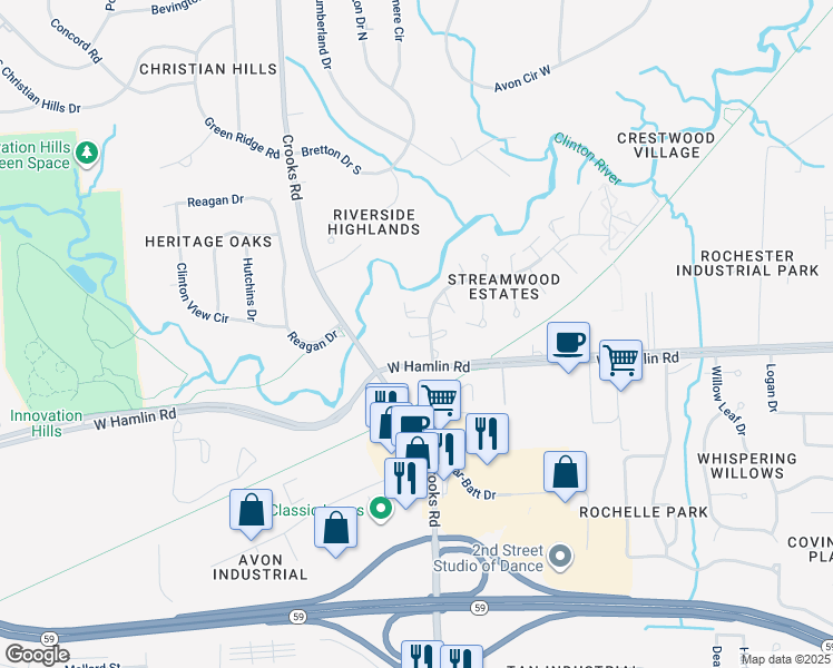 map of restaurants, bars, coffee shops, grocery stores, and more near 1950 White Birch Court in Rochester Hills