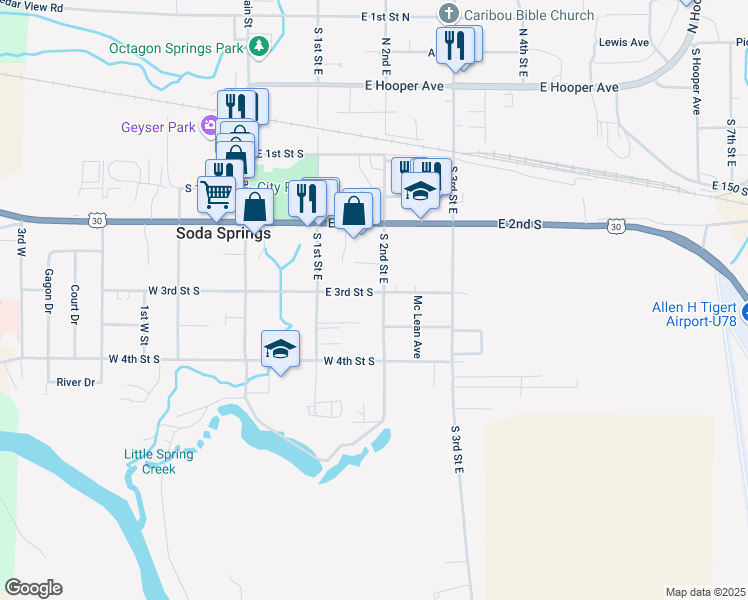 map of restaurants, bars, coffee shops, grocery stores, and more near 190 East 3rd Street South in Soda Springs