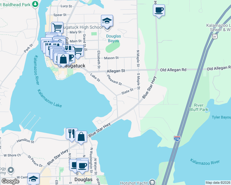 map of restaurants, bars, coffee shops, grocery stores, and more near 740 Lake Street in Saugatuck