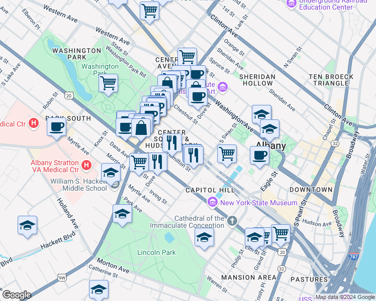 map of restaurants, bars, coffee shops, grocery stores, and more near 273 Hudson Avenue in Albany