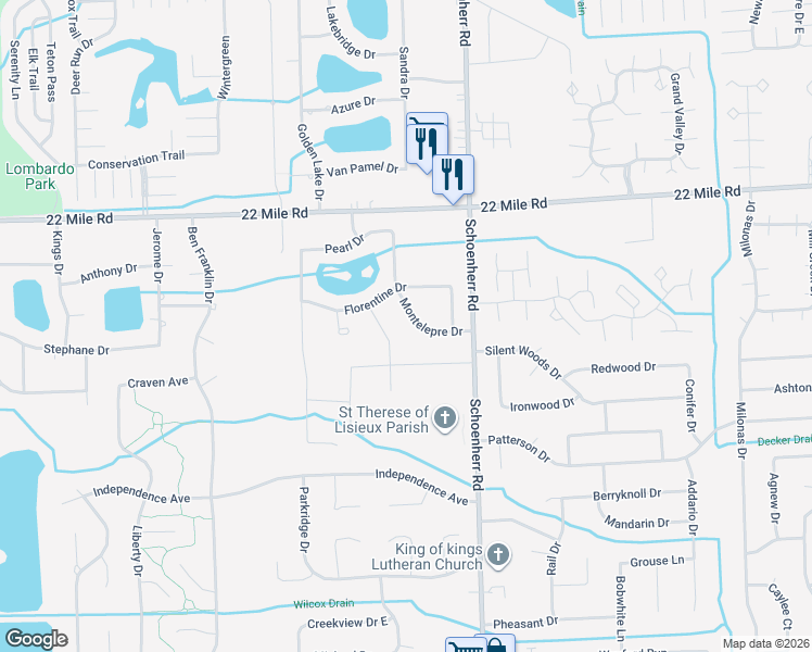 map of restaurants, bars, coffee shops, grocery stores, and more near 48491 Montelepre Drive in Macomb County