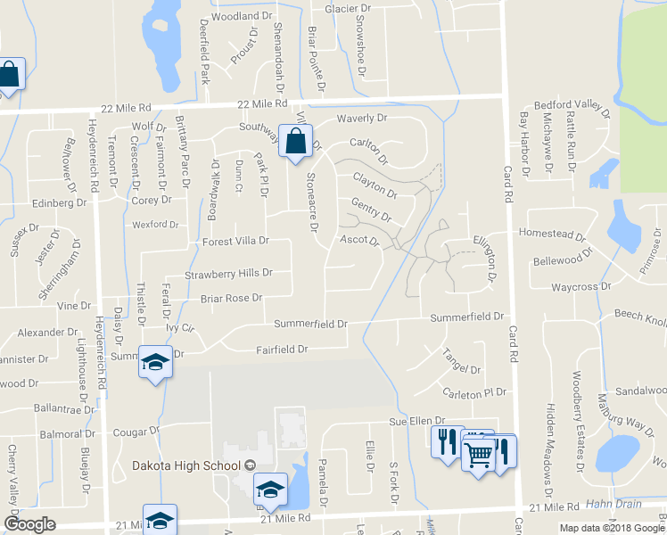 map of restaurants, bars, coffee shops, grocery stores, and more near 21260 Dalton Court in Macomb