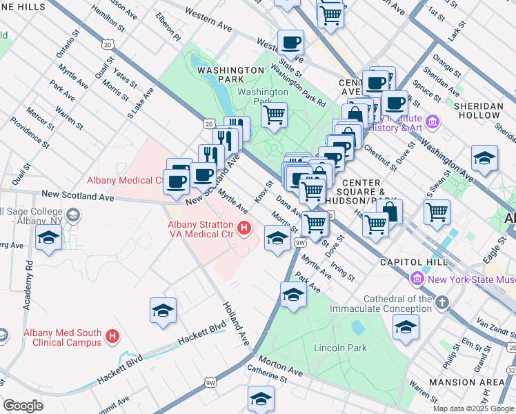 map of restaurants, bars, coffee shops, grocery stores, and more near 78 Morris Street in Albany