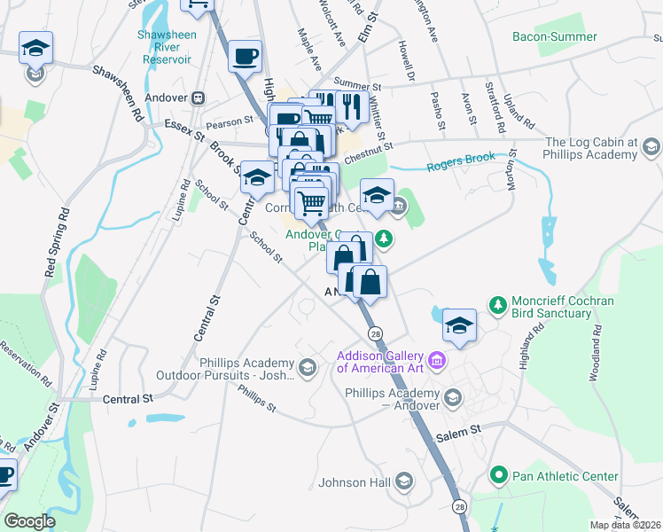 map of restaurants, bars, coffee shops, grocery stores, and more near 118 Main Street in Andover