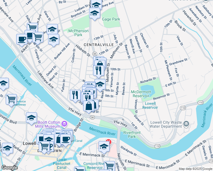 map of restaurants, bars, coffee shops, grocery stores, and more near 42 7th Street in Lowell
