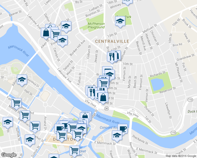 map of restaurants, bars, coffee shops, grocery stores, and more near 36 West 6th Street in Lowell