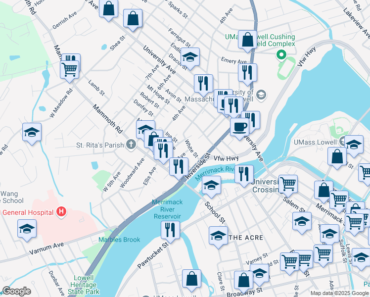 map of restaurants, bars, coffee shops, grocery stores, and more near 66 2nd Avenue in Lowell