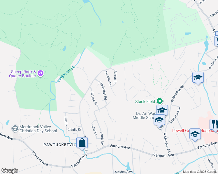 map of restaurants, bars, coffee shops, grocery stores, and more near 57 Photine Drive in Lowell