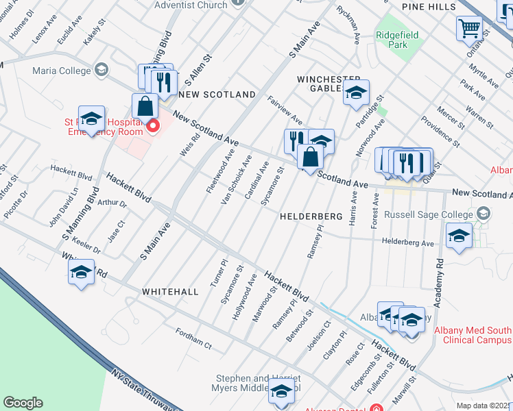 map of restaurants, bars, coffee shops, grocery stores, and more near 37 Cardinal Avenue in Albany