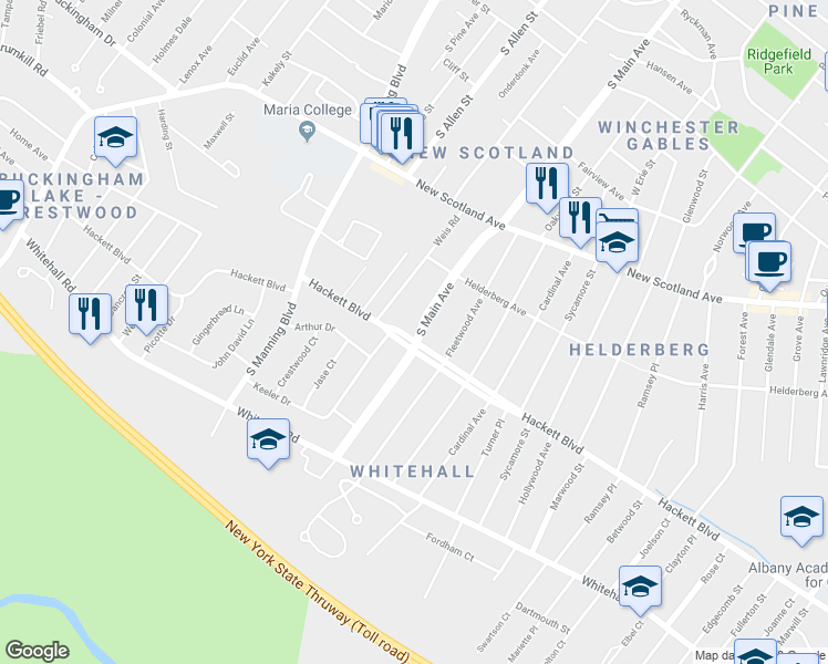 map of restaurants, bars, coffee shops, grocery stores, and more near 314 South Main Avenue in Albany