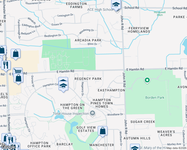 map of restaurants, bars, coffee shops, grocery stores, and more near 2138 London Bridge Drive in Rochester Hills