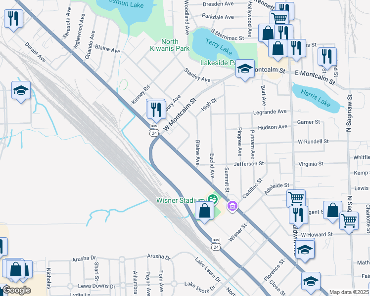 map of restaurants, bars, coffee shops, grocery stores, and more near 28 Gerdon Avenue in Pontiac