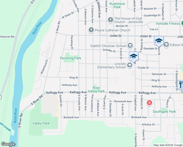 map of restaurants, bars, coffee shops, grocery stores, and more near 1830 South Osborne Avenue in Janesville
