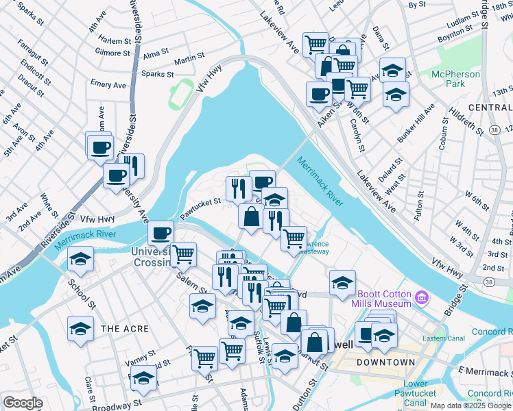 map of restaurants, bars, coffee shops, grocery stores, and more near 333 Aiken Street in Lowell
