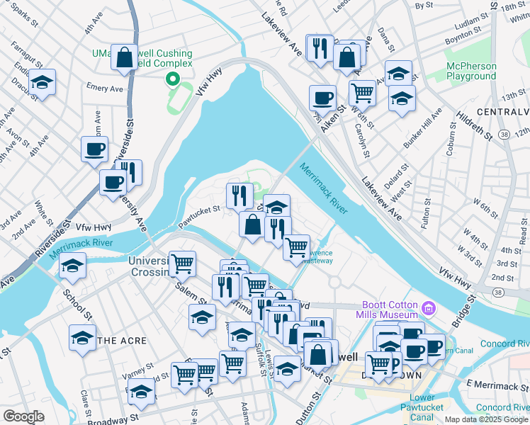 map of restaurants, bars, coffee shops, grocery stores, and more near 333 Aiken Street in Lowell