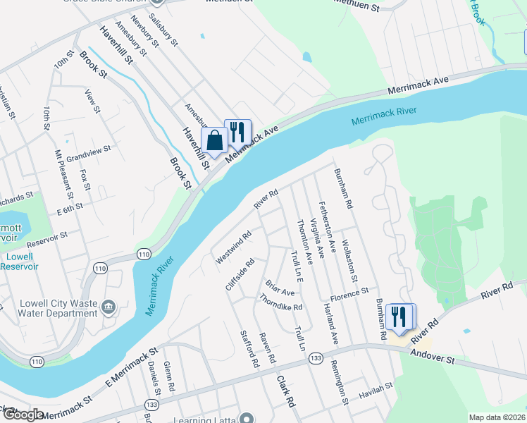 map of restaurants, bars, coffee shops, grocery stores, and more near 100 River Road in Lowell