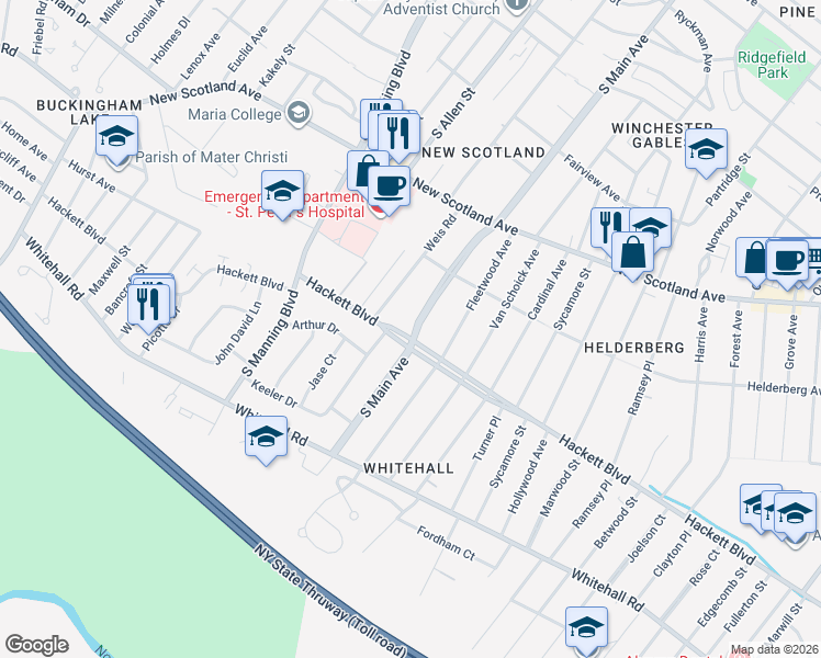 map of restaurants, bars, coffee shops, grocery stores, and more near 307 South Main Avenue in Albany