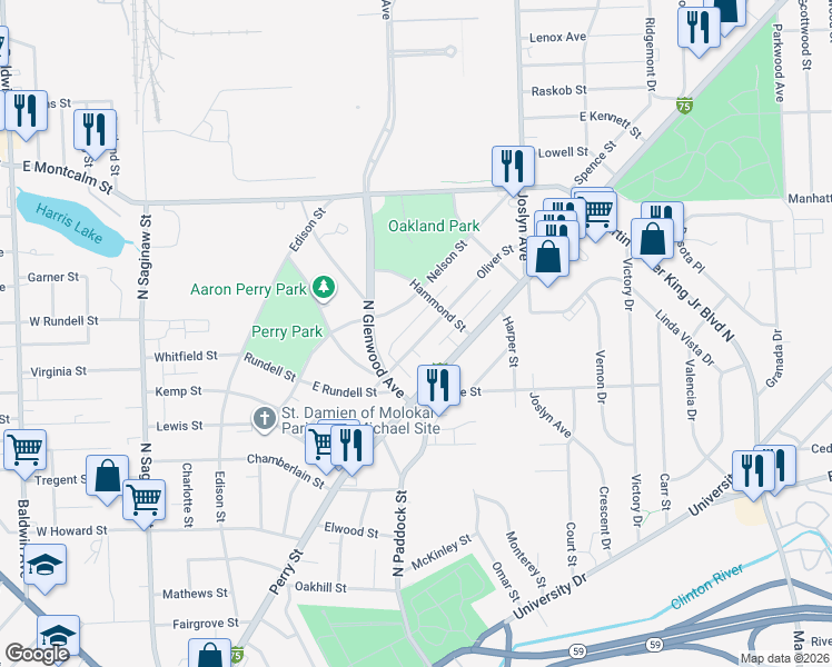 map of restaurants, bars, coffee shops, grocery stores, and more near 75 Oliver St in Pontiac