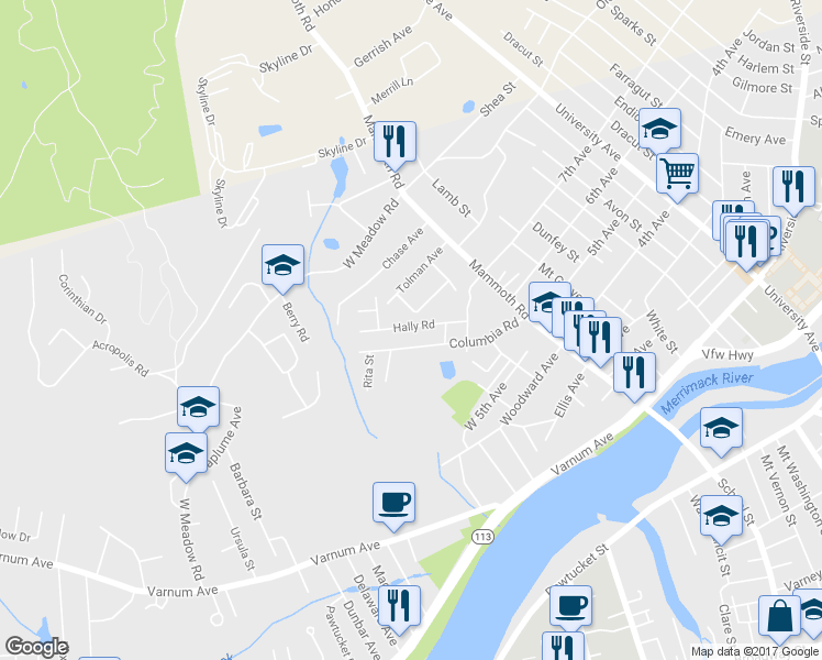 map of restaurants, bars, coffee shops, grocery stores, and more near 58 Halley Road in Lowell