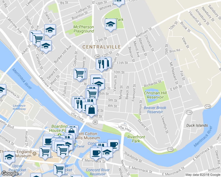 map of restaurants, bars, coffee shops, grocery stores, and more near 42 7th Street in Lowell